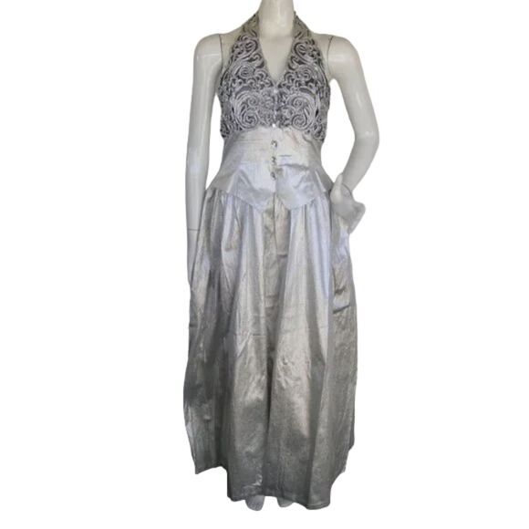 JESSICA McCLINTOCK Gown/Dress, XS/S, Silver Lame, Halter, Embellished Bustline - Picture 1 of 14
